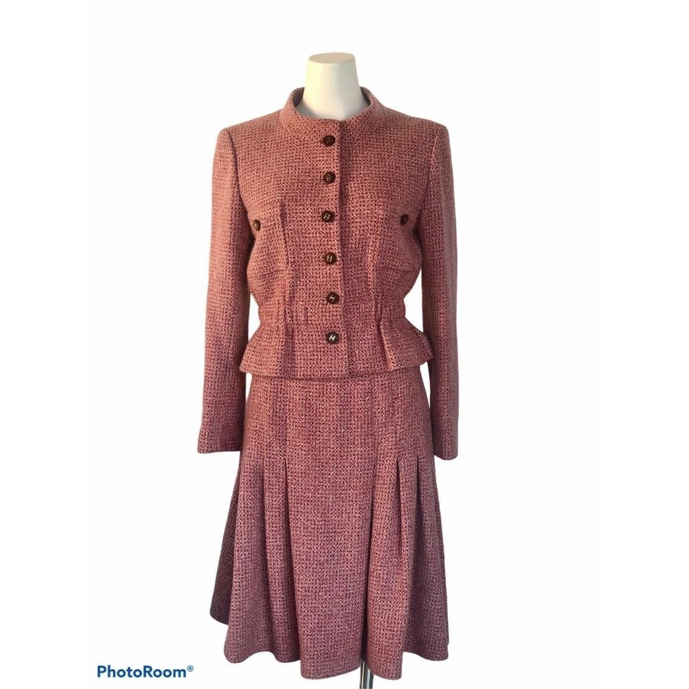 Chanel Suit Set Jacket Skirt Cashmere Silk Pink CC
